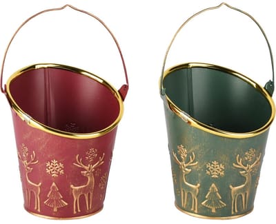 Dekoratief | Emmertje 'Deer', rood/groen, metaal, 14x13x10cm, set van 2 stuks | A255573