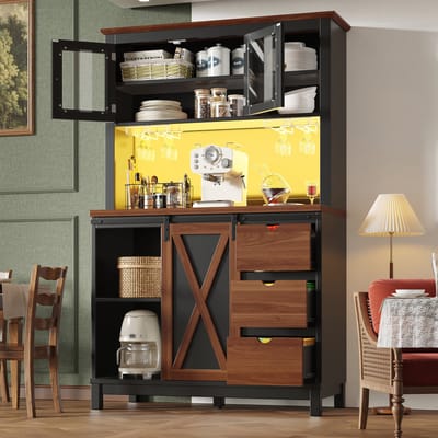 Modern hoge kast - met LED-verlichting en app-bediening - dressoir met laden - met schuifdeuren en drie laden - zwart