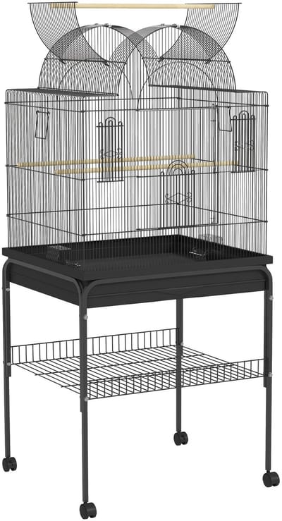 Merax Grote Vogelkooi op Wielen – Vogelkooi met Standaard - Lade & Opbergplank – Met Voerstation en Zitstokken – Voor Parkieten - Kanaries & Vinken – 63 x 53 x 144 cm – Zwart