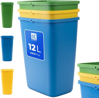 KADAX Afvalemmerset voor afvalscheiding, vuilnisemmer van robuuste kunststof, afvalcontainer, afvalsorteerder voor het verzamelen van glas, plastic en papier (3 x 12 l)