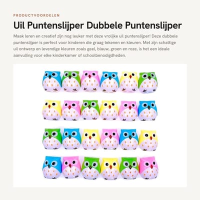 Dailygoods- Puntenslijper Uil - 24 Stuks - ABS-Kunststof - Kinderspeelgoed - Feestcadeautje - Afmetingen 4,3 x 3,9 x 4,5 cm - Potloodslijper