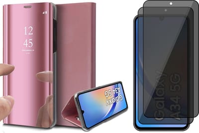 Hoesje geschikt voor Samsung Galaxy A34 - 2x Privacy Screen Protector FullGuard - Book Case Spiegel Roségoud & Screenprotector