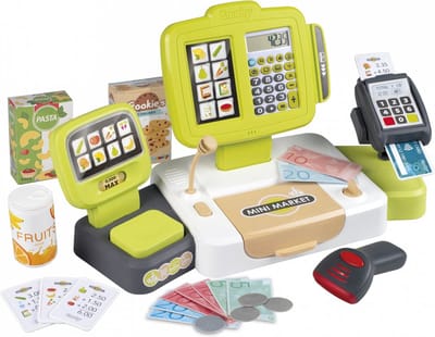 Smoby - Speelgoedkassa - Rollenspel - Shopping - Elektronische Supermarkt kassa met kassa lade, echte rekenmachine, dummymicrofoon, creditcardlezer en weegschaal met mechanische actie