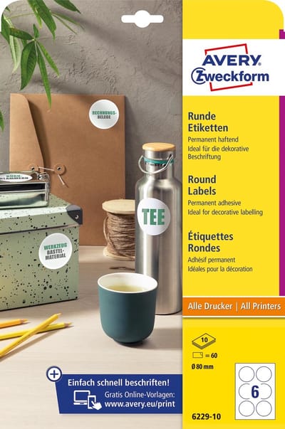 Avery Zweckform ronde etiketten, diameter 80 mm, wit, permanent klevend, 60 etiketten, 10 vellen 50 stuks