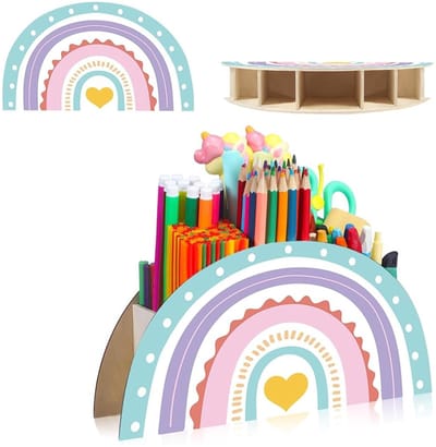 Dailygoods- Pennenhouder - Houten - Regenboog Design - Bureau Organizer - 5 Vakken - Duurzaam en Kindvriendelijk