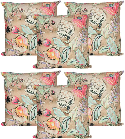 Anna's Collection Sierkussen voor binnen en buiten - 6x - wild flowers - beige - 60 x 60 cm - tuinkussen