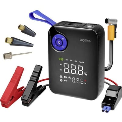 4-in-1 starthulp, powerbank, luchtpomp, noodverlichting, 12 V/7200 mAh, zwart