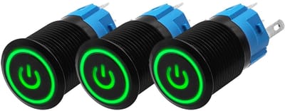 ProRide Drukschakelaar ON-OFF 12V/24V - 16mm Metaal - Waterdicht - LED Ring Groen - 3 stuks