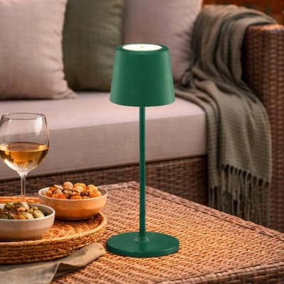 Brilliant Kaami LED tafellamp op accu, groen, hoogte 37 cm, IP44, dimbaar.
