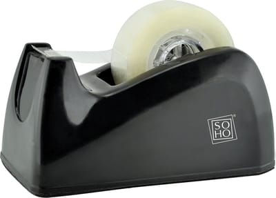 SOHO Plakbandhouder – Plakbandhouder – Zwarte plakbandhouder – Geschikt voor rol tape van alle lengtes – Eenvoudig in gebruik – 15 x 6 cm – Zwart
