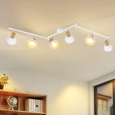 NETTLIFE Opbouwspot - E14 Fitting - 6-Lichts - wit - L 150cm - met Hout ontwerp - Metaal - Moderne Plafondlamp - 350° draaibar Plafondspot - voor Keuken | Hal | Woonkamer - Zonder lamp