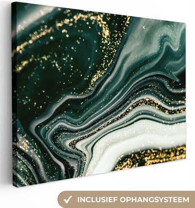 Canvas schilderij 40x30 cm - Wanddecoratie Marmerlook - Goud - Groen - Glitter - Design - Marmer - Muurdecoratie woonkamer - Slaapkamer decoratie - Kamer accessoires - Schilderijen op canvas