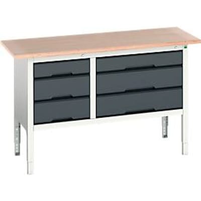 Bott verso box-type werkbank, met multiplex blad, 6 laden, B 1500 x D 600 x H 830 - 930 mm, lichtgrijs RAL 7035 / antracietgrijs RAL 7016