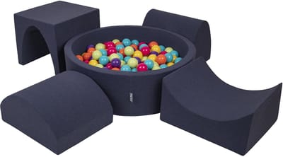 KiddyMoon schuimspeelplaats met rond ballenbad (200 ballen) ballenbakken voor baby's speelbad hindernisbanen, made in the eu, donkerblauw:lichtgroen/geel/turquoise/oranje/roze/violet