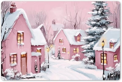 Placemats 45x30 cm - Placemat kunststof - 1 stuk - Kerstdorp - Roze - Winter - Sneeuw - Huizen - Borden onderleggers - Decoratie voor op tafel - Keuken tafeldecoratie accessoires - Vinyl onderlegger - Tafelversiering