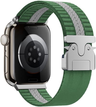 Nylon bandje - geschikt voor Apple Watch 1/2/3/4/5/6/7/8/9/10/11/ SE (1,2,3) met maat 38 mm / 40 mm / 41 mm en 42 mm (Watch 10/11) - groen-grijs