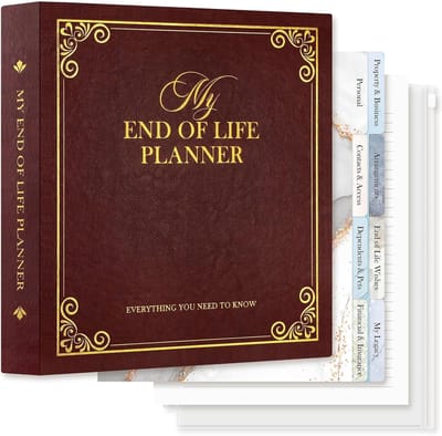 Einde van Leven Binder Organizer - Documentenmap voor Wensen en Erfenis met 8 Scheiders en 10 Mappen, Persoonlijk Levensplan en Journal voor Voorbereiding op de Toekomst, Bruin