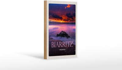 Holzschild Reise 12x18 cm Biarritz France Sonnenuntergang Dekoration