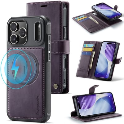 Casemania Hoesje Geschikt voor Apple iPhone 17 Pro - Dark Purple - Geschikt voor MagSafe - Luxe Kunstleer 2 in 1 Afneembare Bookcase - Magnetische Telefoonhoesje met Pasjeshouder en Standaardfunctie