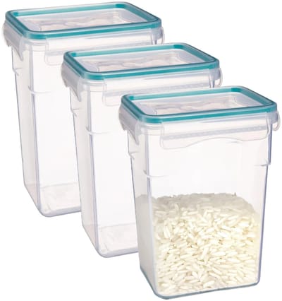 5Five Vershoudbakje TRITON - 3x - deksel met zijklemmen - kunststof - luchtdicht - 13 x 10 x 18 cm - 1400 ml - transparant/blauw