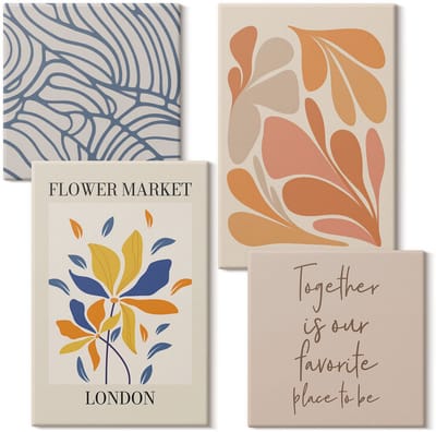 Wallfluent Set van canvas schilderijen - Moderne bloemen met abstracte patronen Canvas Schilderijen Set - Set van 4 Canvas Schilderijen - Oranje Set van Canvas Prints - Natuur Canvas Kunst Set - Boheemse Canvas Kunst Set