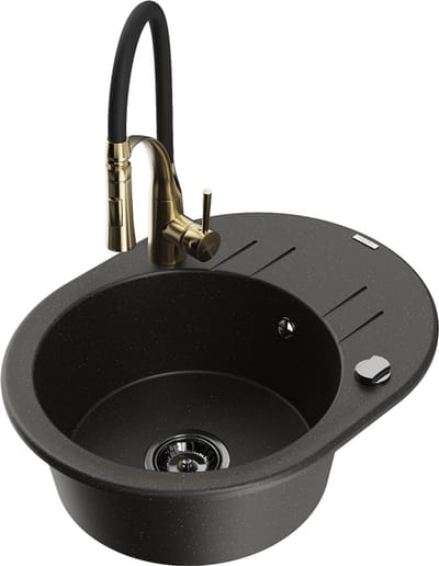 Mexen Kevin granieten spoelbak met 1 bak en afdruiprek en keukenmengkraan Aster, zwart/goud metallic - 6517-75-73450-57-B
