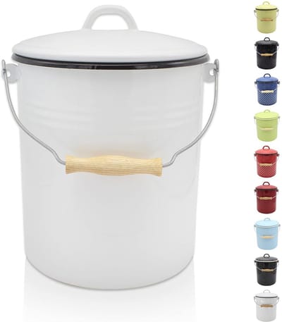 Duurzame Vuilnisemmer met Deksel - Stalen Afvalemmer met Emaille Coating en Houten Handvat (5 Liter, Wit)