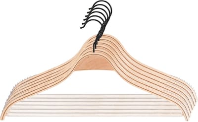 KADAX Houten kleerhangers met ingekerfde schouders, broekstang, ruimtebesparende garderobehanger voor broeken, rok, overhemd, pak, antislip, 360° draaibare metalen haak (6)