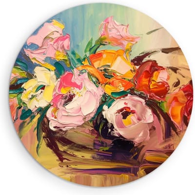 Saammp Muurcirkel Hout - Kleurrijke Bloemen Schilderij - Natuur - Abstract - Ø 90 - Wandcirkel - Wanddecoratie Cirkel - Muurdecoratie Woonkamer - Kantoor Decoratie