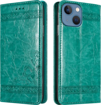 Cadorabo Hoesje geschikt voor Apple iPhone 13 MINI in TURKOOIS met ornamenten - Beschermhoes met magnetische sluiting, standfunctie en kaartvakje Case Cover Etui