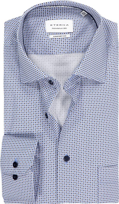 ETERNA comfort fit overhemd - twill - wit met licht- en donkerblauw dessin - Strijkvrij - Boordmaat: 40
