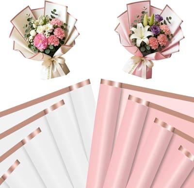 40 vellen cadeaupapier voor bloemen, 20 vellen roze en 20 vellen witte met gouden rand, 57 x 57 cm, ideaal voor geschenkverpakking en creatief handwerk