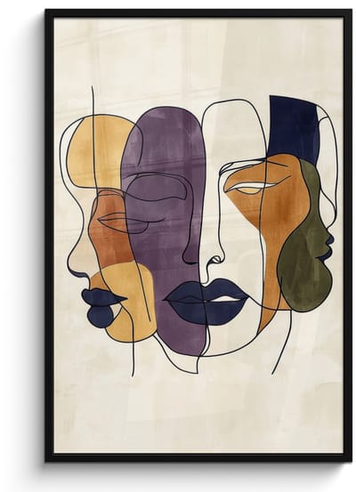 Poster in lijst - Fotolijst 80x120 cm - Posters - Abstract - Overlappende gezichten - Paars - Donkergroen - Posterlijst zwart - Decoratie - Wanddecoratie woonkamer - Muurdecoratie slaapkamer