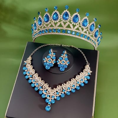 Nieuwe Bruidskroon Drie delig Pak Bruiloftskroon Diadeem Ketting Oorbellen Koreaanse Super Fee Bruidsjurk Accessoires