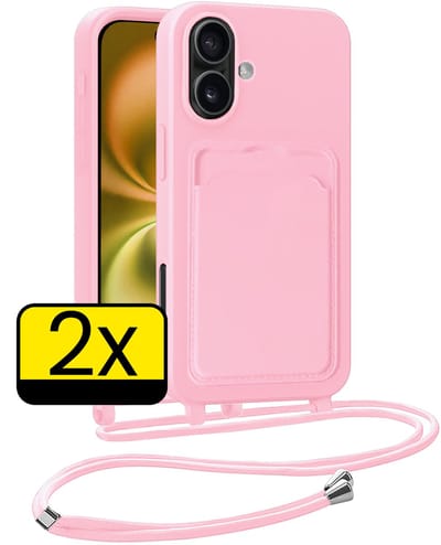 Hoesje Geschikt voor iPhone 16 Plus Telefoonhoesje Met Koord Case Pashouder Siliconen - Hoes Geschikt voor iPhone 16 Plus Hoesje Met Kaarthouder - Lichtroze - 2 Stuks
