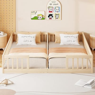 Houten Bed - Lage Bedframe - Slaapruimte Creëren - Met Veiligheidshek - 90x200 cm - Naturel
