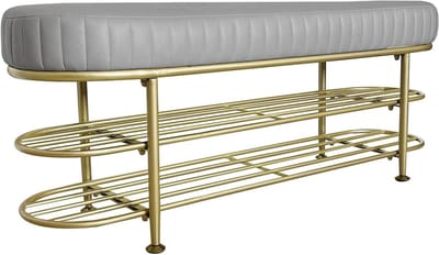 Schoenenbank met opbergruimte - Halbank met kussen - Schoenen organiseren - Gouden ijzeren frame - 60x32x45 cm - Grijs