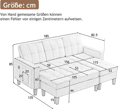 Wishdor - Hoekbank Met Verplaatsbare Hocker En Slaapfunctie - Modulair Modern Ontwerp - Voor Woonkamer - Chenillestof - Antiekgrijs - 156 X 115 Cm