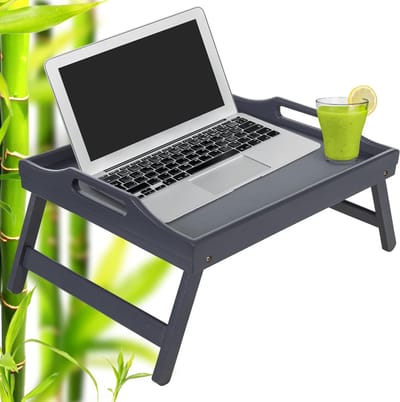 Candala Grijze bamboe bedlade tafel met handgrepen en opvouwbare poten, multifunctionele schootlade en staand bureau voor ontbijt in bed, bank, eten, schotels, werken, serveren, tekenen, laptopstandaard