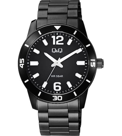 Q&Q Q85B-006PY - Horloge - Polshorloge - Analoog - Heren - Mannen - stalen band - Rond - Metaal - Streepjes - Cijfers - GUN kleur (Zwart)