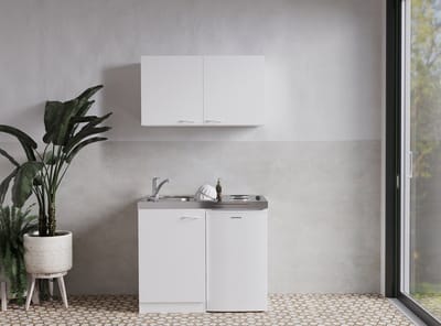 Goedkope keuken 100  cm - mini keuken met apparatuur Levin - Wit/Wit - elektrische kookplaat  - koelkast          - kleine keuken - compacte keuken - keukenblok met apparatuur
