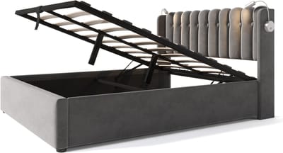 Wishdor Gestoffeerd Opbergbed 140x200 cm – Met Leeskopbord & USB Opladers – Grijs Fluweel – Robuust Metalen Frame – Incl. Gasdrukveren – Ideaal voor Jouw Slaapkamer