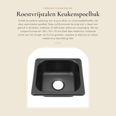 Dailygoods- Spoelbak Roestvrij staal - Enkele Kom - Drop-in Gootsteen - Afvoergat 40 mm - Multifunctioneel - 150x135x70 mm Capaciteit