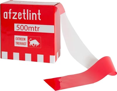 Rood/wit afzetlint in dispenserdoos 500 meter lang, rekt niet en is extreem sterk.