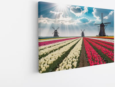 Saammp Canvas Schilderij - Kleurrijk Tulpenveld - Natuur - Landschap - 45x30 - Foto op canvas - Wanddecoratie - Muurdecoratie Woonkamer - Slaapkamer decoratie - Canvas Print