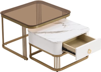 MODFU Set van 2 salontafels 60*60*42,5+50*50*34 (cm) MDF & metaal, hoogglans marmer en bruin glas, nestbaar