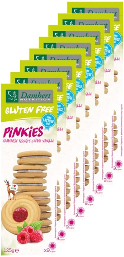 Damhert | Glutenvrij | Pinkies Frambozen Biscuits Crème Vanille | 8 stuks | 8 x 125 g