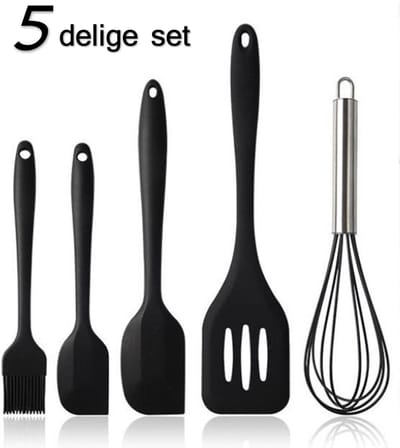 Afecto 5 delige set keukengerei - zwart - borstel- klopper - 2x spatel - bakspaan - ophangbaar