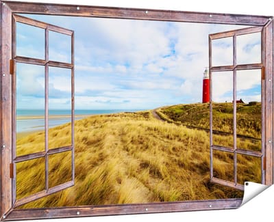 Gards Tuinposter Doorkijk Vuurtoren met Duinen in Texel - 180x120 cm - Tuindoek - Tuindecoratie - Wanddecoratie buiten - Tuinschilderij