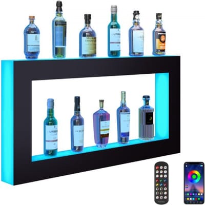 VEVOR Barplank Wijnrek, LED-verlichte thuisbarplank met RF-afstandsbediening en app-bediening, 2-laags acryl drankplank met verlichting, 1210 x 600 x 114 mm wijnflessenstandaard, vierkant